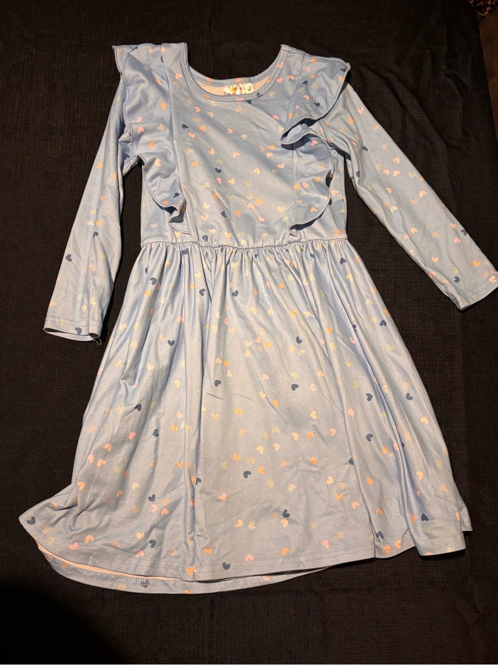 Dot Dot Smile Light Blue Heart Print Ruffle Long-Sleeve Dress
